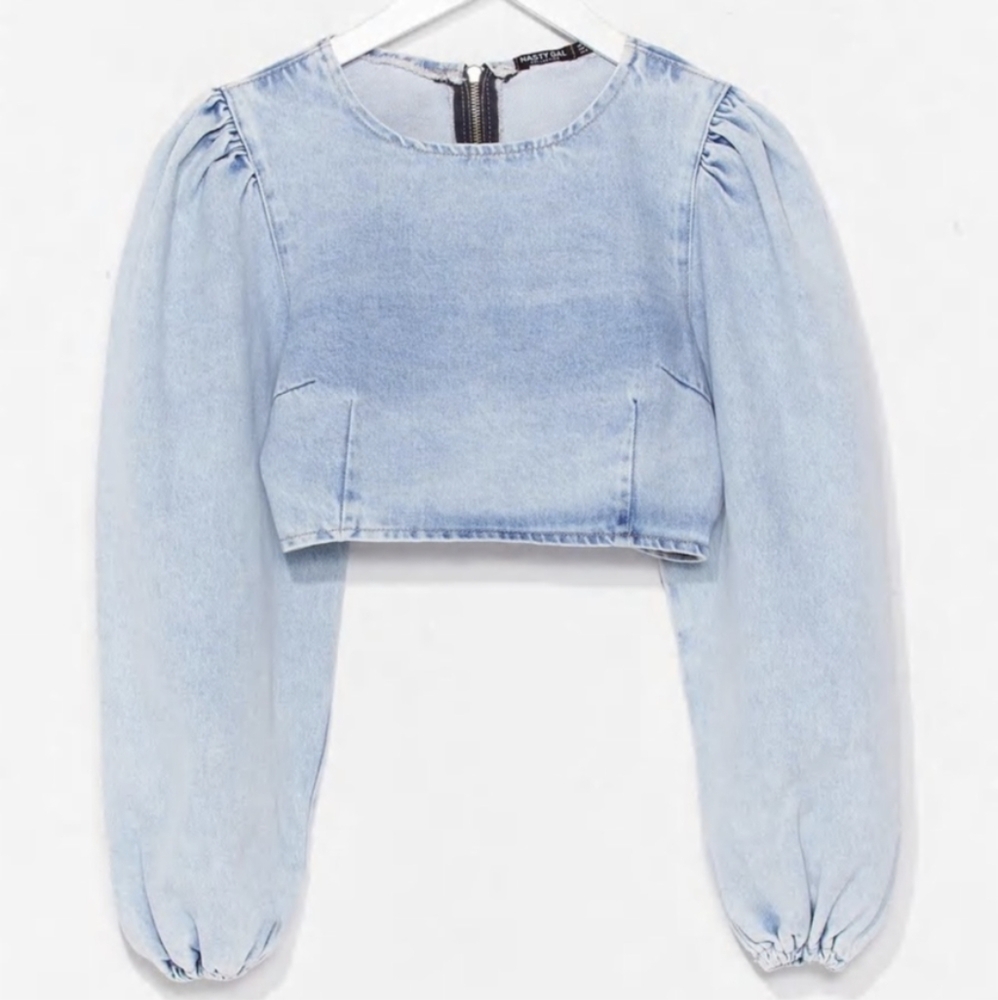 Nasty Gal Sky Blue Denim Puff Sleeve Crop Top